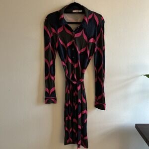 Boden Jersey Midi Tea Dress 6R Pink Gray Geometric Workplace Feminine Classic